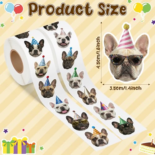 Image of Realistic French Bulldog Stickers - 1000 Pcs Bulldog Birthday Hat Design Waterproof Vinyl with Repositionable Adhesive for Pet Party Decorations Gift Wrapping Laptop Water Bottle DIY Crafts