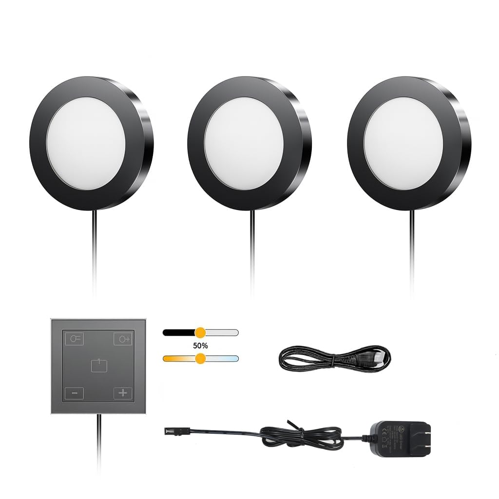 VST Under Cabinet Lights CCT 3000K-6000K, Puck Lights Color Temperature and Brightness Adjustable with Touch Switch and ETL Listed Led Driver, Plug in Led Light for Kitchen Under Cabinet 3pack