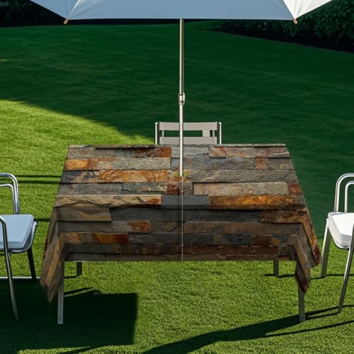 Chickwin Mantel Impermeable Rectangular, Exterior Mantel para Exteriores con Agujero para Sombrilla y Cremallera, Mesas de Jardín Patio Barbacoas Reuniones (Patrón Piedra 2,305x152cm)