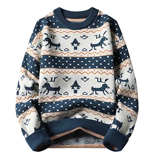 Veste longue pour homme pull tricot chaud bleu col rond taille XXL