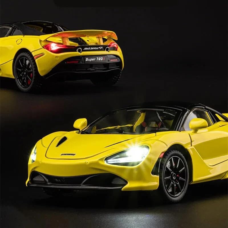 Image of 1:24 McLaren 720S Convertible Diecast Car | Alloy Metal Pull Back Toy Car with Openable Doors, Lights & Music | Model Car for Kids Boys Girls Gift & Collectors (Yellow)