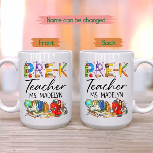 Ciciron Personalized Pre-Kingdergarten Teacher White Coffee Mug 11Oz 15Oz, Novelty Teaching Coffee Cup Gift For Teacher's Day Appreciation, Customized Pre-K Teachers Ceramic Mug For Women Men Friends