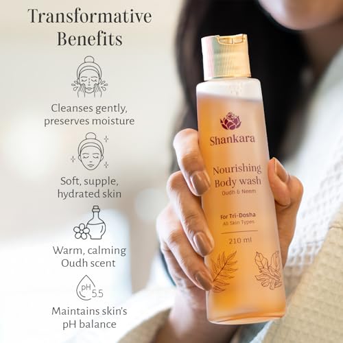 Image of Shankara Nourishing Oudh Body Wash | Luxury Ayurvedic Shower Gel with Oudh, Neem & Honey | Sulfate-Free, pH Balanced Moisturizing & Antibacterial Body Cleanser for Hydrated Skin | Unisex, All Skin Types - 210ml