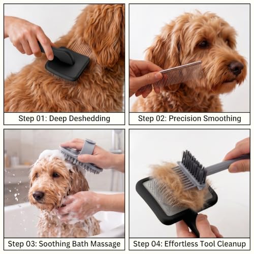Image of Slicker Brush for Dogs, Professional Dog Grooming Brush Kit 4PCS | Doodles Brush for Goldendoodles Poodles, Long Pin Haired Brush, Easy to Daily Detangling to Prevent Matting