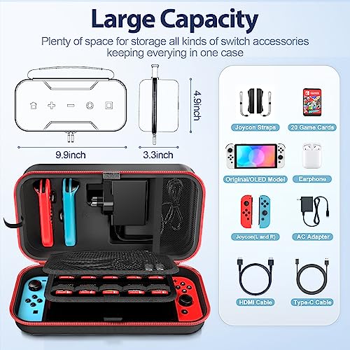 OIVO Hard Case for Nintendo Switch & Switch OLED, Carrying Case for Joycon and Adapters Hardcase Protection Switch, Storage Case with 20 Card Slots, Red