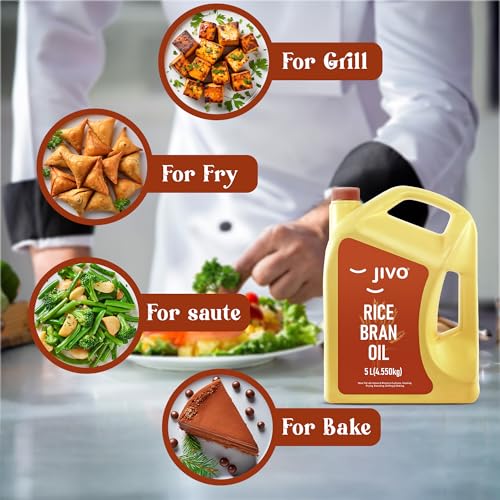 Image of Jivo Rice Bran Oil 5 Litre | Premium Cooking Oil | Rich in Antioxidants | Ideal for Deep Frying, Sauteing & Baking | Chemical-Free