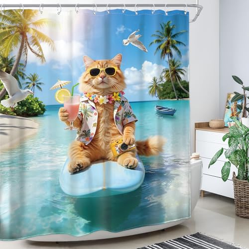 Image of Funny Cat Shower Curtain Cute Kids Surfing 60Wx72H Inch Decor | Hawaii Tropical Summer Surfboard Blue Ocean Sea Seagull Sun Cool Cats Waterproof Polyester Bathroom 12 Hooks