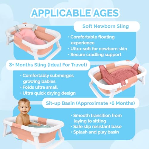 Image of BEBELEH Collapsible Baby Bathtub with Thermometer - Bathtub + Baby tub Sling + Newborn Sling - Baby Bathtub Newborn to Toddler 0-24 Months - The Ultimate Baby Bath tub! (with Thermometer,Pink)