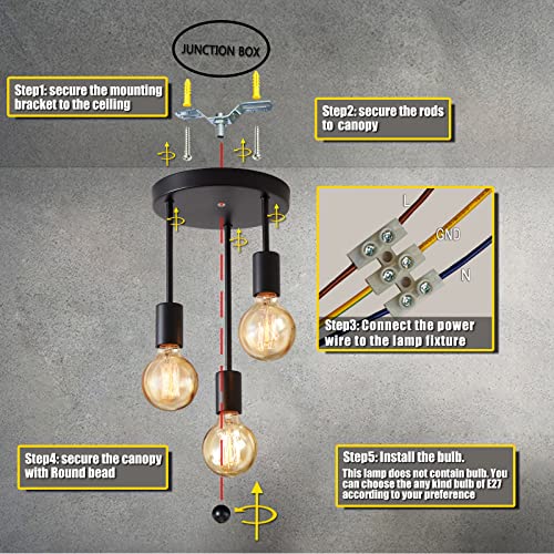 Lightsjoy Industrial Ceiling Light Black 3 Way Ceiling Pendant Lights E27 Ceiling Spotlight for Indoor Living Room Bedroom Ceiling Chandelier Rustic Hanging Lights for Kitchen Hallway Restuarant Stair - Cosy Home Interiors Lightsjoy Industrial Ceiling Light Black 3 Way Ceiling Pendant Lights E27 Ceiling Spotlight for Indoor Living Room Bedroom Ceiling Chandelier Rustic Hanging Lights for Kitchen Hallway Restuarant Stair - Image 7