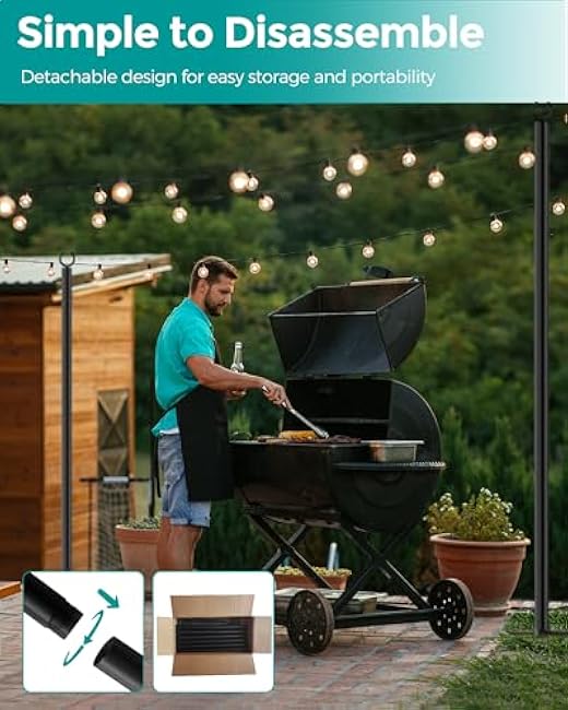 LAND¡¤VOI 4 Pack String Light Poles, 9FT Heavy Duty Metal Light Poles for Outside String Lights, Outdoor Light Poles with 5 Prong Fork, Light Pole Stand for Patio, Backyard, Garden, Deck, Black FLP14B