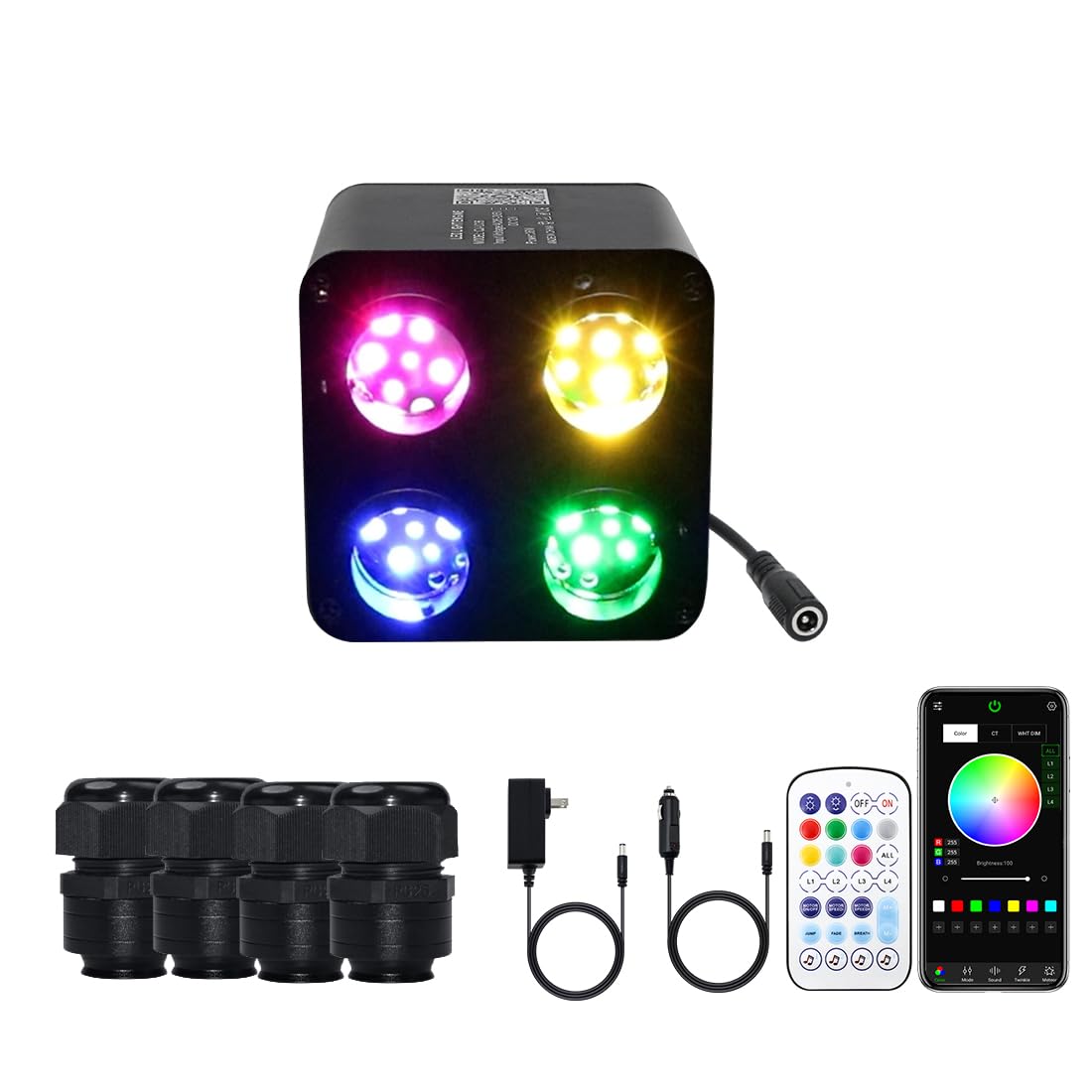 AMKI 4 Color 36W Twinkle Sound Mode RGBW 4 Ports Light Source Engine Driver Remote/APP Control Starlight Box Motor for Fiber Optic Star Ceiling Light Kit