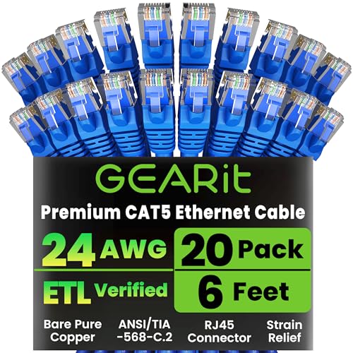 GearIt 20�{�Z�b�g, Cat5e ���� LAN�P�[�u��/�C�[�T�l�b�g�p�b�`�P�[�u�� 1.8m 6 Feet - Snagless RJ45 Computer LAN Network Cord, �u���[ [Lifetime Warranty]