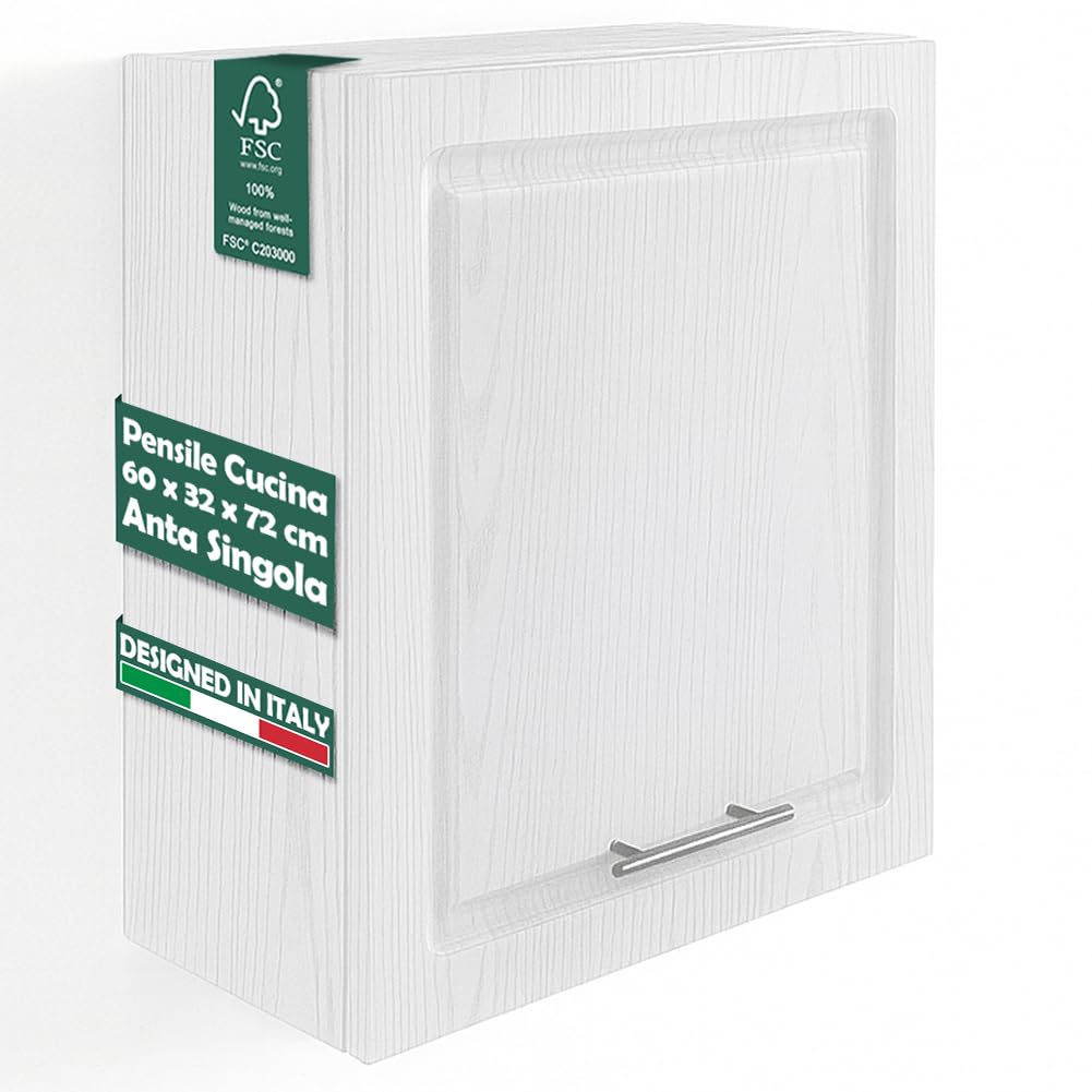 Shally Dogan Pensile da Cucina a Parete Design Boiserie, Armadio Sospeso in Legno con Anta Singola, 1 Ripiano e 2 Scomparti, Armadietto a Muro Spazioso Resistente, 60 x 32 x 72H cm (Bianco Frassinato)