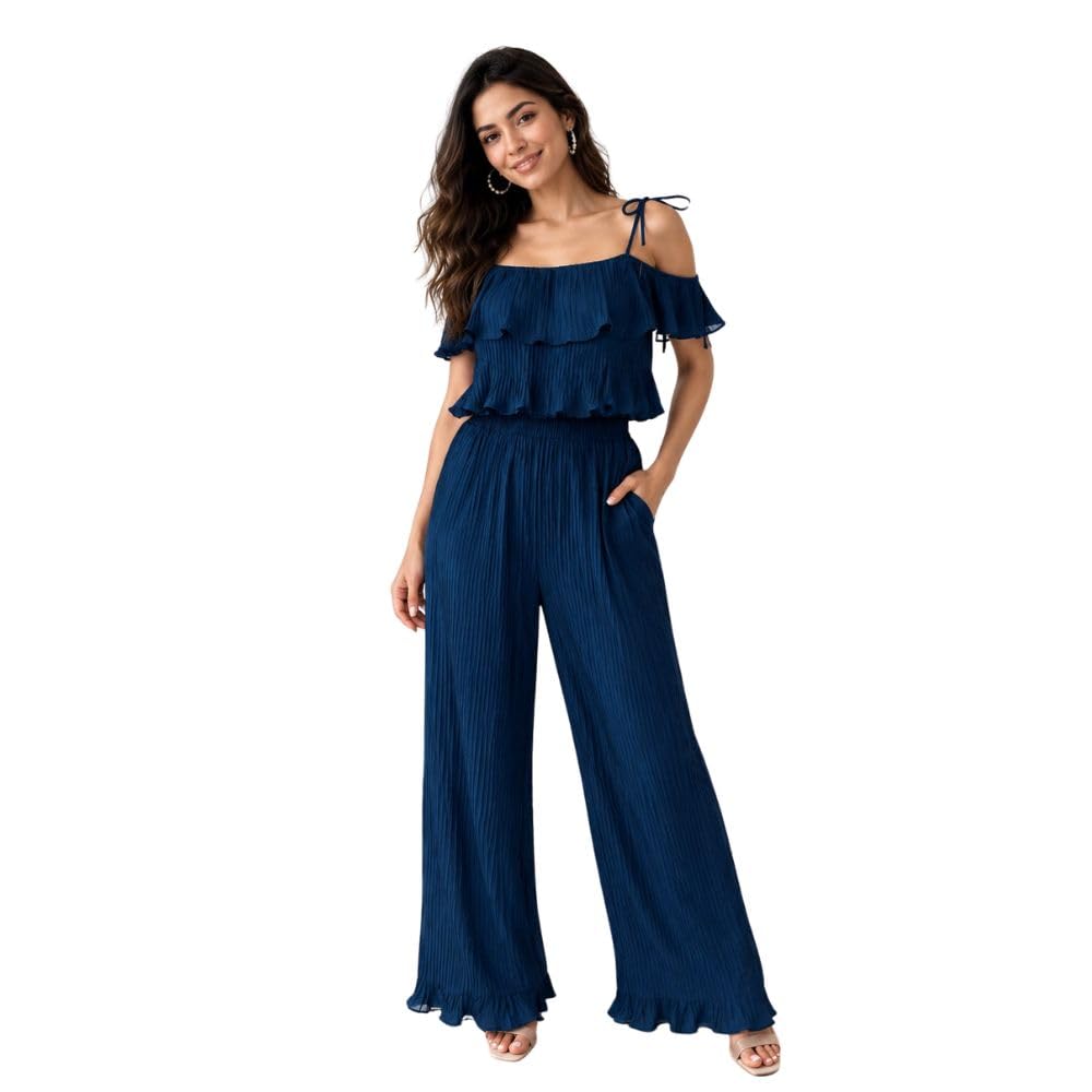 Women's Navy Blue Pleated Ruffle Cami Top and Wide Leg Pants Set | Stylish Women Cord Set Top and Bottom | Sleeveless Pleated Co-Ord Set-picture-20
