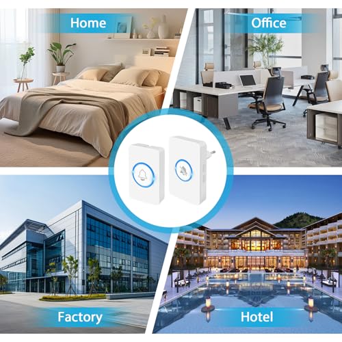 VFANDV Funkklingel, Funk klingel Set Aussen Wasserdicht, Türklingel Batteriebetrieben, 59 Melodien, 1 Plug-In-Empfänger und 1 Sender mit 4 Lautstärkestufen und LED-Blitz