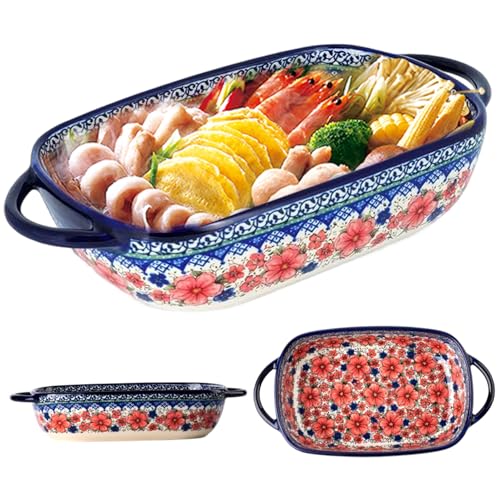 Teglia da forno, pirofila in ceramica resistente al calore da 730 ml, con doppi manici, lasagne rettangolari con stampa floreale, pirofile lavabili antiscivolo per forno, cucina, lasagne