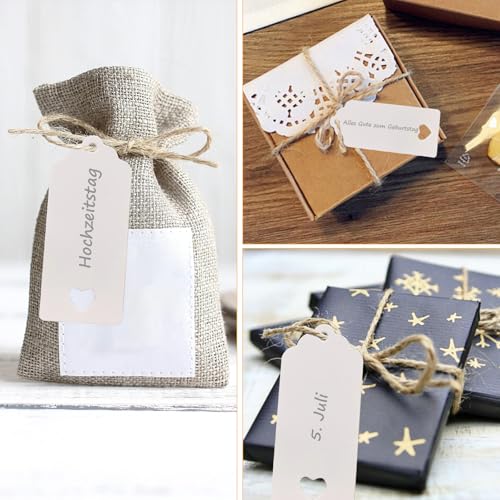 200 Stück Geschenkanhänger & Etiketten,Weiß Kraftpapier Anhänger Etiketten Craft Tags 4x9cm mit Naturjuteschnur 40M, Anhänger für Hochzeitsdekoration,Weihnachten,Geschenkverpackung,DIY-Projekte