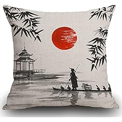 Almohada Japonesa Tradicional Smooffly Funda de cojín japonesa tradicional japonesa de hombre con barco, funda de almohada decorativa para el hogar para hombres/mujeres, sala de estar, dormitorio, sofá, silla, 18 x 18 pulgadas,