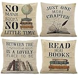 RYKEEN Book Lover Throw Pillow Covers 18x18 Inch，Set of 4 Reading Nook Decorate Pillow Covers Classroom Pillowcase for Kids Reading Room Library Study(18x18 Inch)