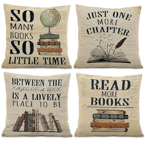 Book Lover Throw Pillow Covers 18x18 Inch?Set of 4 Reading Nook Decorate Pillow Covers Classroom Pillowcase for Kids Reading Room Library Study(18x18 Inch)