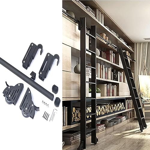 Rustic Black Round Tube Sliding Library Ladder Track Kit, Floor Roller with Brake(No Ladder), Tensible Hook Rolling Hardware for Home/Indoor/Loft/Library (Limited To Ladder Thickness 2.5cm)(Size:12ft/