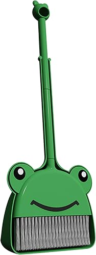 Miniatura 7 de Juego de escoba y recogedor para niños, bonito patrón de rana de dibujos animados, escoba para niños, sin olor, para colgar, mango suave, lavable,