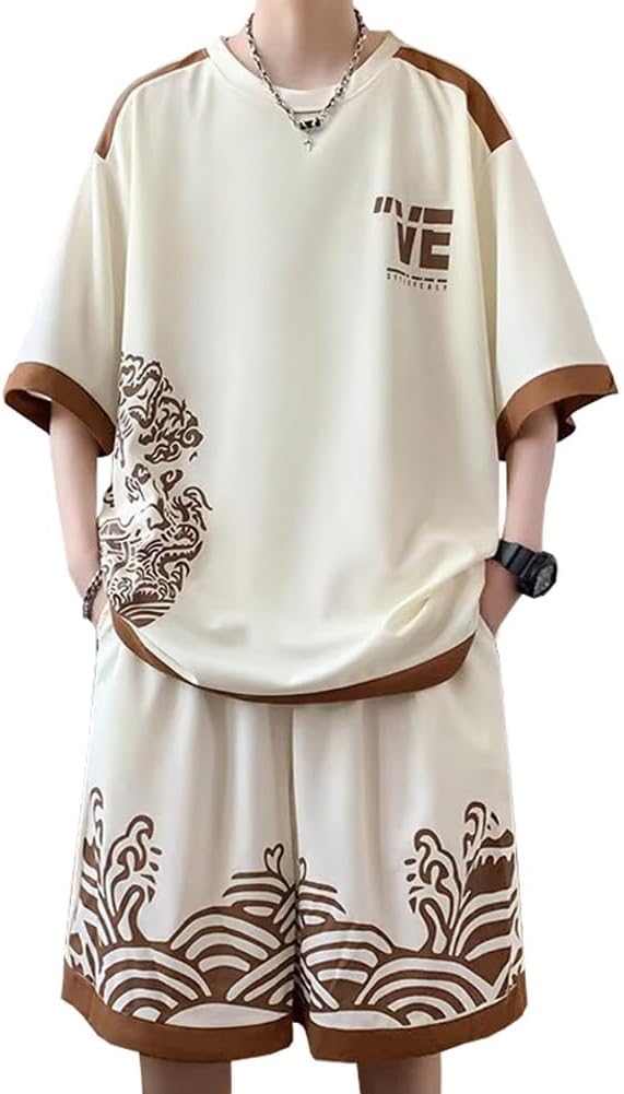 [Liaziong] メンズ 半袖スウェットセットアップ 切り替えプリント柄 Tシャツ＆ハーフパンツ 2点セット ゆったりフィット