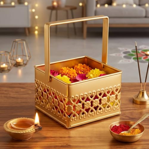Image of Multipurpose Metal Basket For Gift Hamper, Pooja Temple Storage With Sturdy Handle, Decorative Flower Organizer & Versatile Puja Utility Accessories Home Decoration (Square Small 10cm)