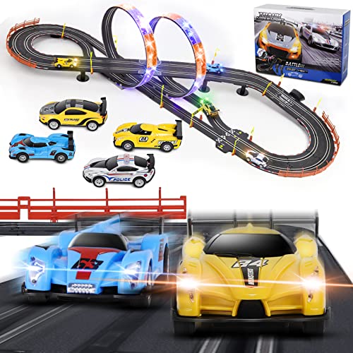 Electric High-Speed Race Car Track Set for Boys Including 4 Slot Cars 1:43 Scale with Headlights, 18.5FT RC Race Track with 2 Controllers and 2 Light Up Rotating Tracks, Toys for 8 9 10 11 12+ Kids