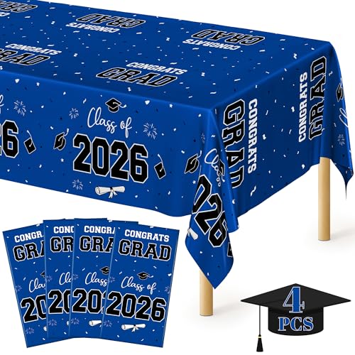Image of QZYL 4 Pack Graduation Tablecloth, 54 inch x 108 inch Blue Graduation Table Decorations 2026, Plastic Tablecover for Class of 2026 Congrats Grad, Rectangle Disposable Grad Party Decorations Supplies Favors
