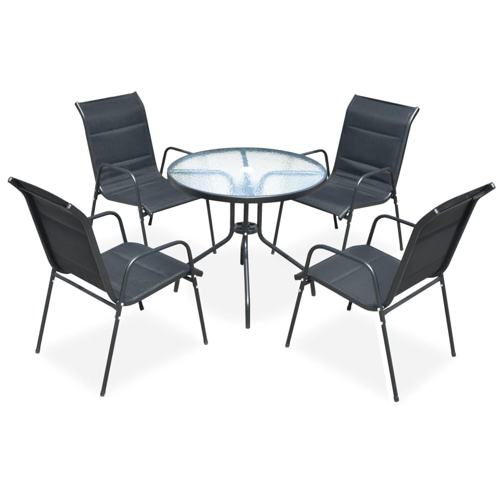 Set di Mobili da Giardino da 5 Pezzi in Acciaio, per Mangiare All'aperto, con Cuscini in Tessuto e Tavolo in Vetro Ondulato Temperato, per Giardino, Terrazza e Sala da Pranzo,