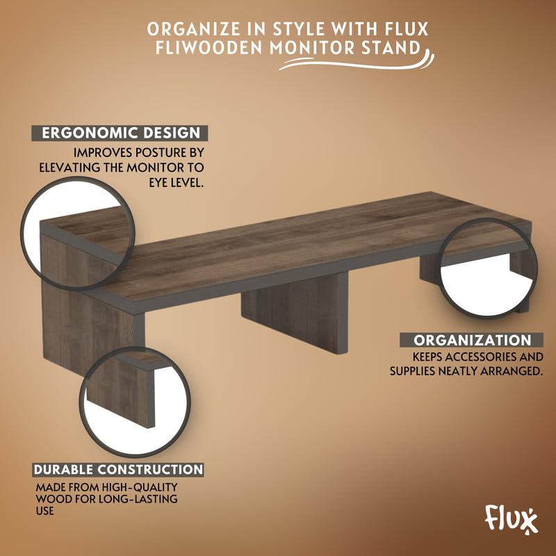 Image of flux Monitor Stand Wooden | Monitor Stand Riser | PC Stand For Desktop Table | , with 3 leg support, Non-Slip | Material: Particle Board Wood | Size: (59.5 cm x 20cm x 12cm) Brown