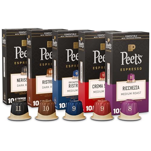 Peet's Coffee, Dark and Medium Roast Espresso Capsules Variety Pack with Decaf, Compatible with Nespresso Original Machine, Arabica Coffee - Intensity 8-11, 50 Count (5 Boxes of 10 Espresso Capsules)