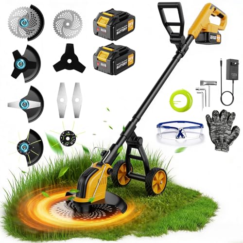 21V 800W Brushless Cordless Weed Wacker, 12 Inch Electric Weed Eater with Wheels, 2×3000mAh Batteries Included & 4 Cutting Blades for Lawn Garden Yard Maintenance
