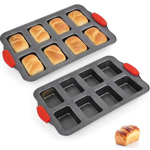 Yeqqzq 2 Pack 8 Cavity Mini Loaf Pan with Silicone Grip, Non-Stick Baking Pan for Bread, Brownies, and Cheesecakes