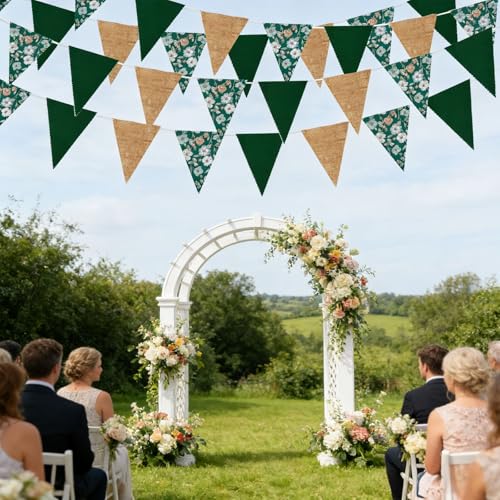 Image of Zwiebeco 39Ft Dark Green Floral Fabric Pennant Banner Vintage Burlap Triangle Flag Retro Flower Bunting Party Decoration for Birthday Engagement Wedding Bridal Baby Shower Rustic Village Garden Decor