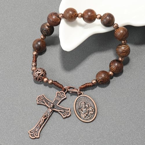 Nazareth Store Wood Beads One Decade Rosary Handmade Pocket Car Mirror with Saint Medal and Jesus Cross in Antique Bronze Wooden Travel Friendly Rosary3