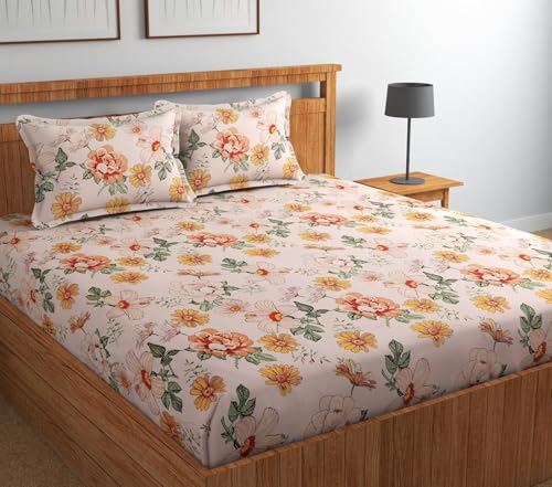 Image of Jashan Premium Cotton Fitted Bedsheets with 2 Pillow Covers for King Bed | 200-220 TC | Size 78x72+10 Inches | Beige Green | Soft, Durable, All-Around Elastic Modern Collections (Peach)
