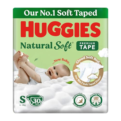 Image of Huggies Natural Soft Premium Tape Diapers Small (S) Size, 4-8 kgs, 30 Count | Our No.1 Soft Taped Diaper with Cloud Soft Bed and Runny Poo Absorption