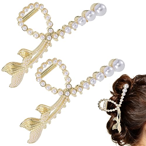 HINZIC 2Pcs 4.53inch Large Pearl Hair Claw Clips Mermaid Gold Fishtail Jaw Clips Metal Jaw Barrettes Non-Slip Hair Accessories for Thick Long Hair Women Teen Girls Halloween Proms Christmas Valentines
