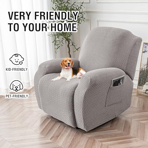 Image of Genina Recliner Chair Covers, Stretch Reclining Chair Cover, Recliner Sofa Slipcovers Stripe Jacquard Lazy Couch Covers Furniture Protector Covers for Pet Kid (Light Grey, 1 Seat)
