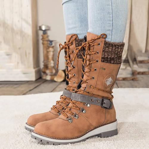 SACFOF Women's Winter Warm Mid Calf Snow Boots Knitted Suede Splicing Lace up Non-Slip Outdoor Motorcycle Riding Booties4