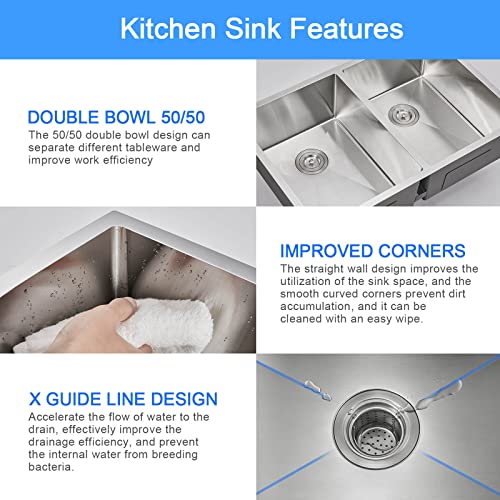 Rovogo 33X22X9 In. Undermount 50/50 Double Equal Bowl Kitchen Sink, Large Deep Sink Stainless Steel Handmade 2 Basins With Basket Strainer, Brushed #TOP5