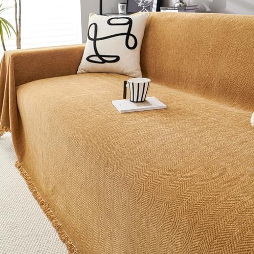 Patrón de Chenilla en Espiga Manta Sofa, Mantas para Sofa Adecuado para 1/2/3/4 Plazas y Sofa Chaise Longue, Manta Cubre Sofa Impermeable, Adecuado para Varios Escenarios (Amarillo,180*340cm)