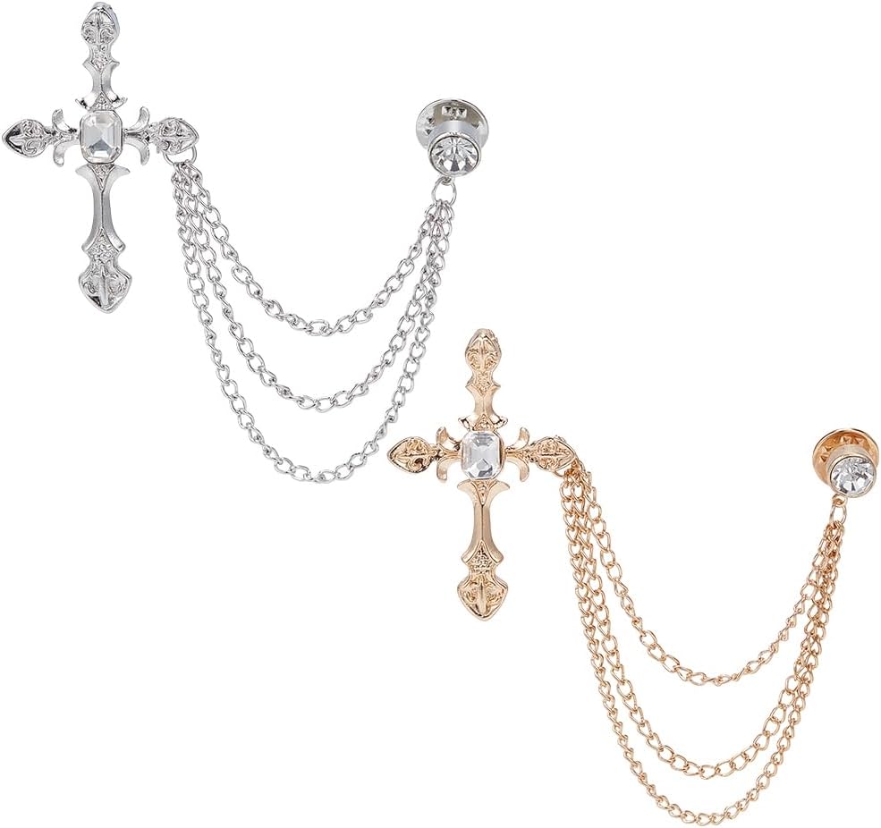 1 Box 2 Colors Men's Brooch Suit Pin Badge with Chains Hanging Chain Brooch Pin Silver Gold Alloy Cross Faux Rhinestone Men's Lapel Decorations for Tuxedo Tie Hat Scarf Shirt Wedding Gift