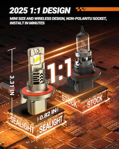Image of SEALIGHT H13 /9008 LED Bulbs Hi /Low Beam, 50,000LM 10X Super Brighter, 1:1 Halogen Size, 6500K Cool White, 50,000Hrs Long Service Life with Cooling Fan, Plug and Play, Pack of 2