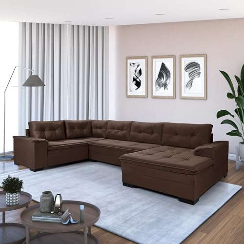 Sofá Viena 6 Lugares Com Chaise e Canto Suede Casa Imperial (MARROM 379)