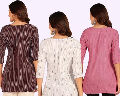 Image of DSK Studio Women's Cotton Short Kurti with Notch Neck Line 3 /4th Sleeves Abstract Pattern Short Length and Regular Fit Pack of 3