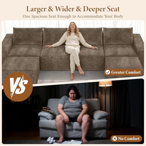 Image of Vesgantti 145.6 inch Modular Boneless Couch, Modern U Shaped 6 Seater Sectional Sofa with 2 Ottoman & Deep Seat, Convertible Chenille Cloud Couches for Living Room, No Assembly Required, Dark Brown