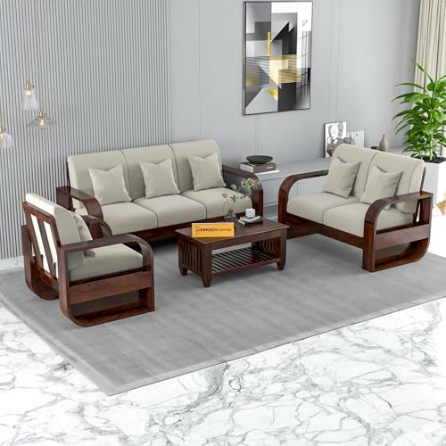 Image of Solid Sheesham Wooden 6 Seater Sofa Set Without Coffee Table with Light Taupe Cushion for Living Room Furniture - Walnut Finish (3+2+1)